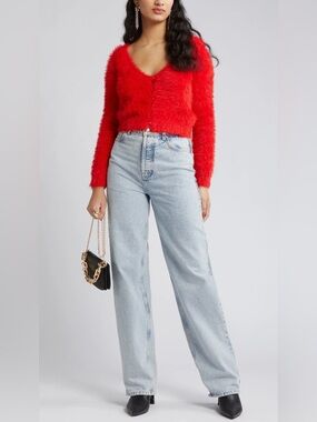 Open Edit Womens Small Cardigan Red Fuzzy Eyelid Knit Cropped Sweater Soft Cozy